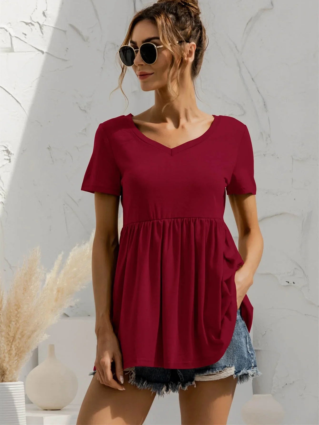 V - Neck Short Sleeve Babydoll Top - VILLA FASHION